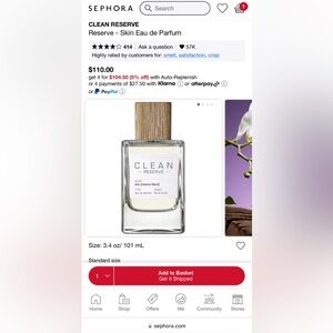 CLEAN RESERVE SKIN 3.4 OZ EAU DE PARFUM SPRAY (NEW IN BOX, NEVER USED)